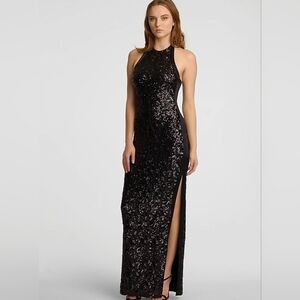 Halston Heritage Black Sequin Halter Maxi Gown - Size 0